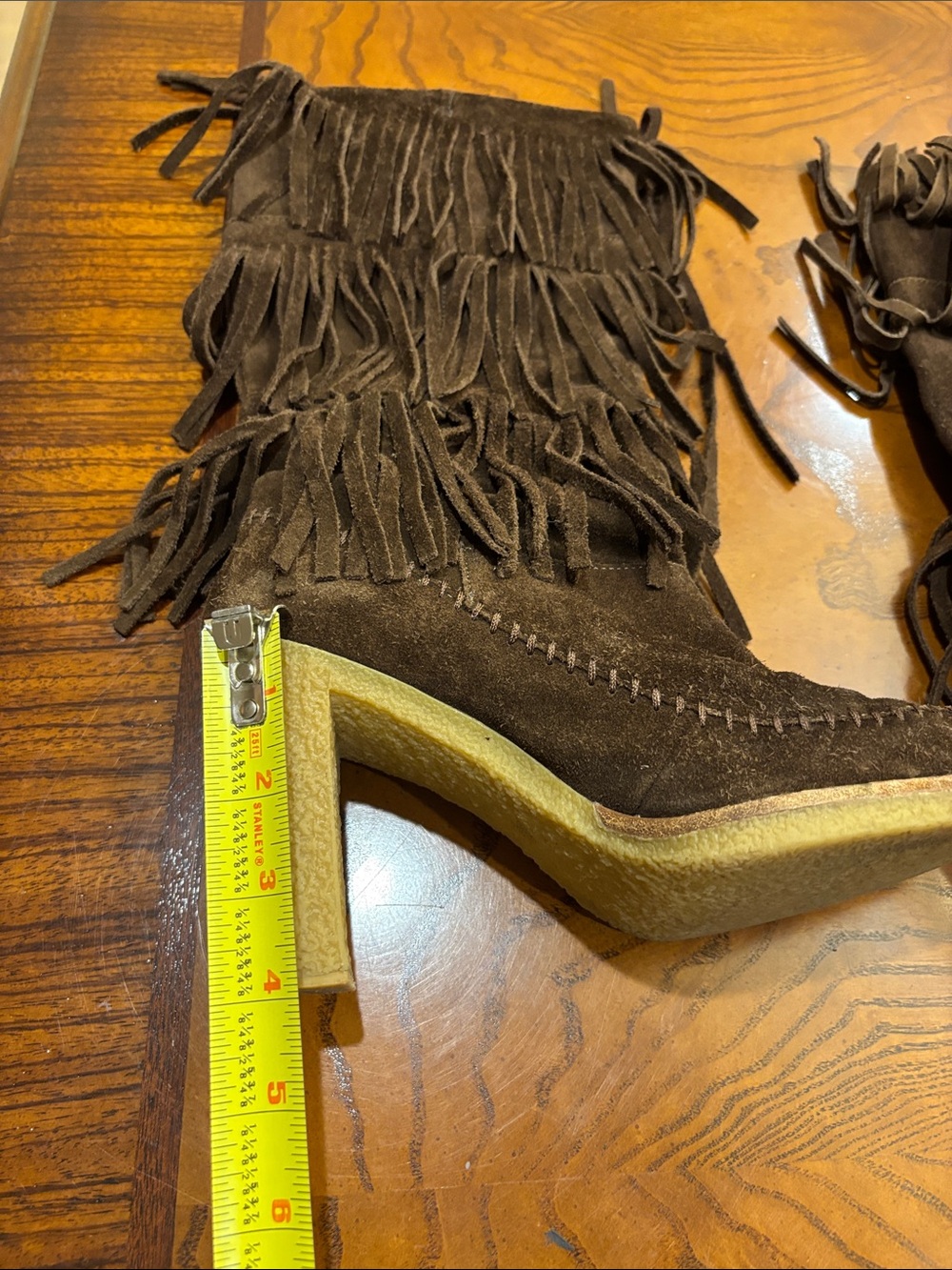 Fringe Suede Mid-Calf Heeled Boots - Brown size 7 Rubber Soles - Picture 4 of 7